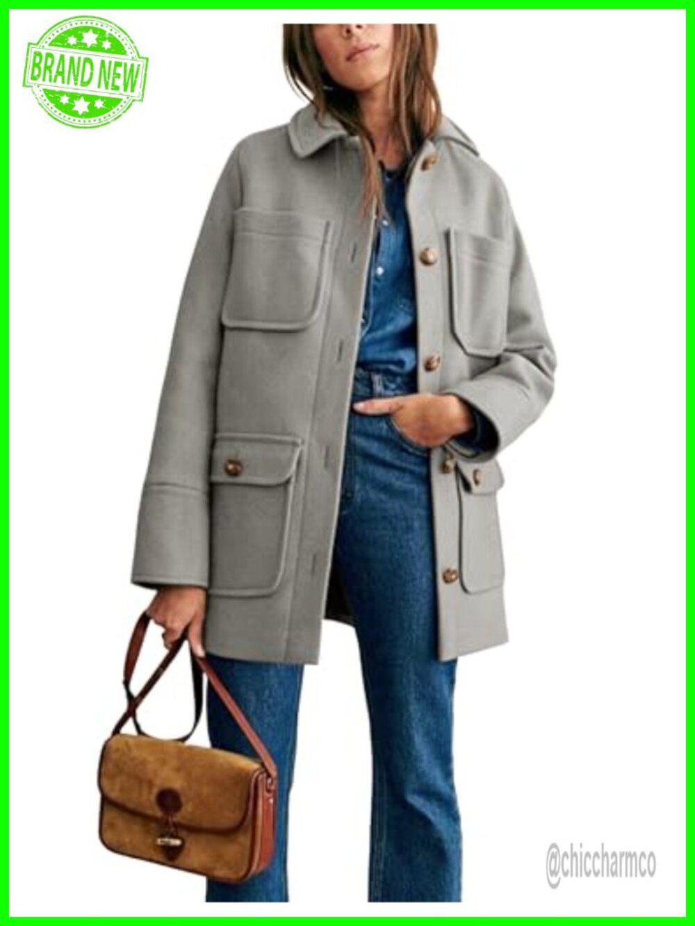 Womens Mid Long Wool Blend Pea Coat Button Down Trench Coat with Pockets